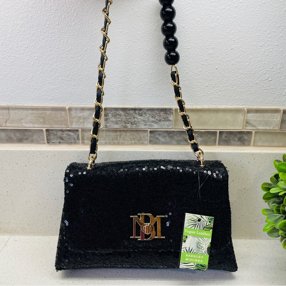 NEW Badgley Mischka Black Sequin Vegan Leather Crossbody Bag Bead Detail